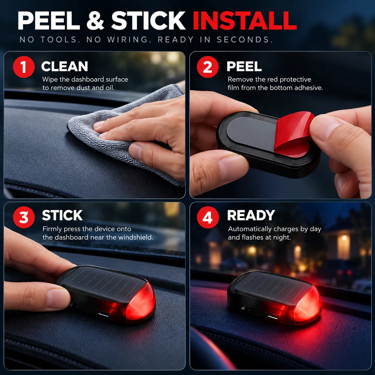 🚗 Solar Car Security Warning Light – Auto-Sensing 5-Second Flash LED with USB Backup Charging