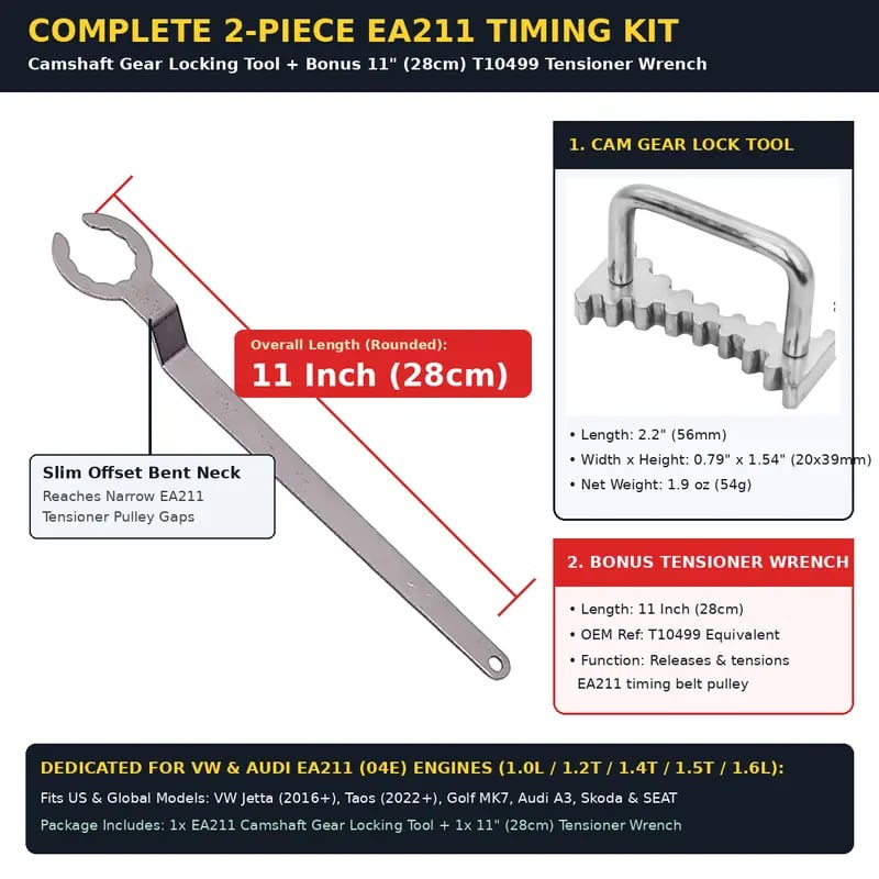 EA211 Camshaft Timing Gear Locking Tool with Free 11' T10499 Belt Tensioner Wrench