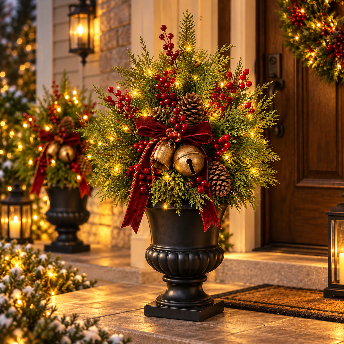 24-Inch Pre-Lit Artificial Christmas Evergreen Urn Filler with Berries, Pinecones & Vintage Bells
