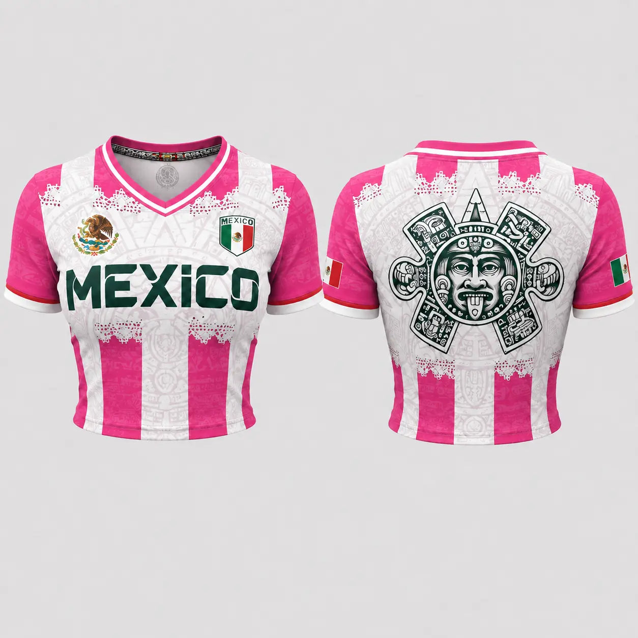 Mexico Pink Crop Jersey – Women's Aztec Soccer Top with National Flag Graphic