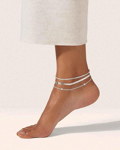 LAST DAY 49% OFF🔥Women's Silver Ankle Bracelet Set - Dainty Layered Waterproof Sparkly Herringbone Beaded Rope Chain