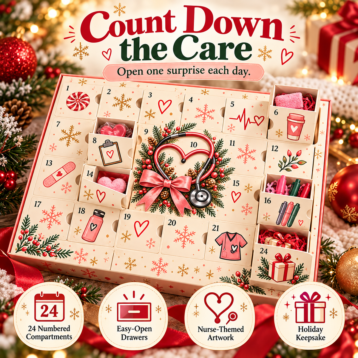 ❤️ 24-Day Advent Calendar – Heartfelt Holiday Countdown Gift for Nurses