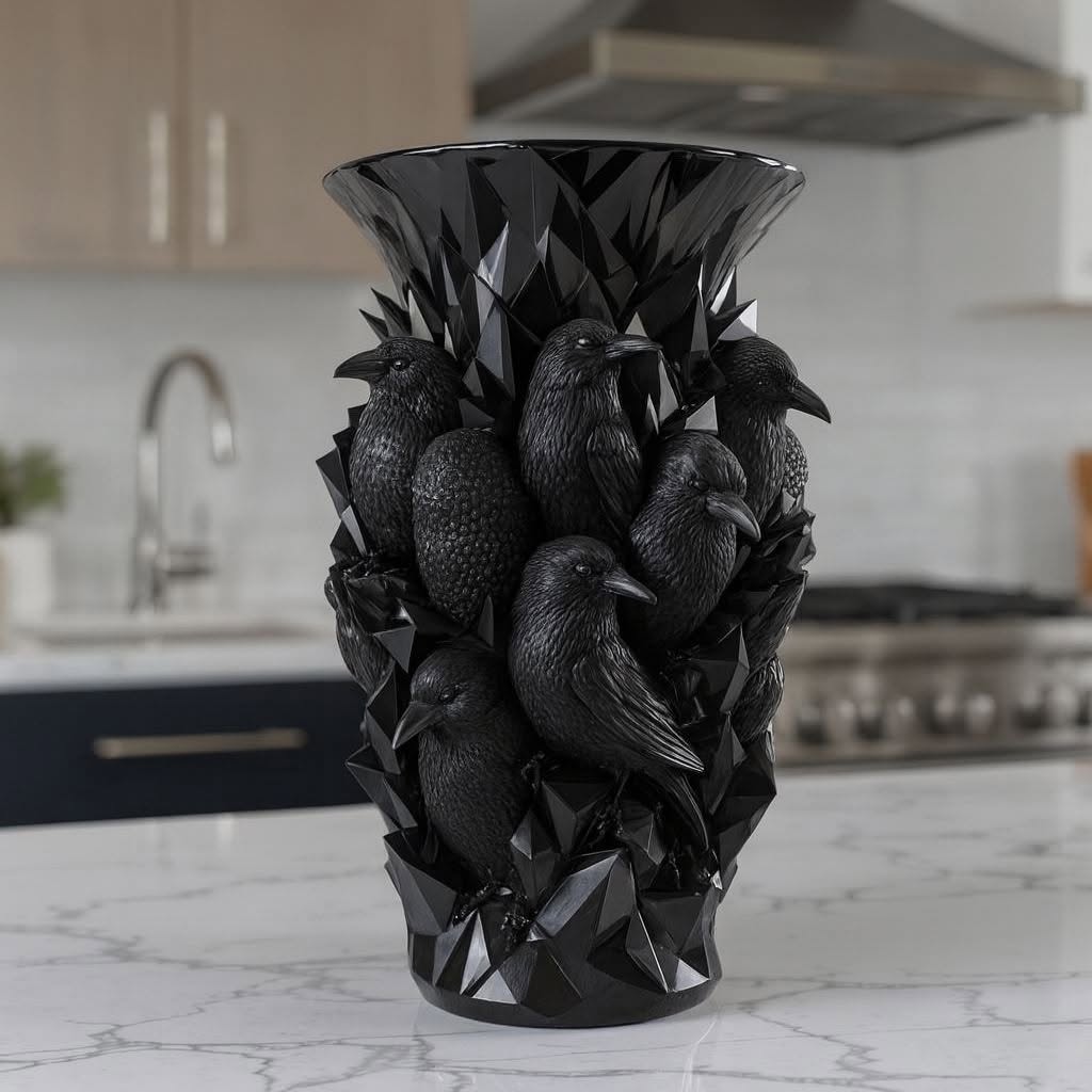 💎💀Gothic Skull & Crow Resin Vase- Halloween Dark Decor Vase