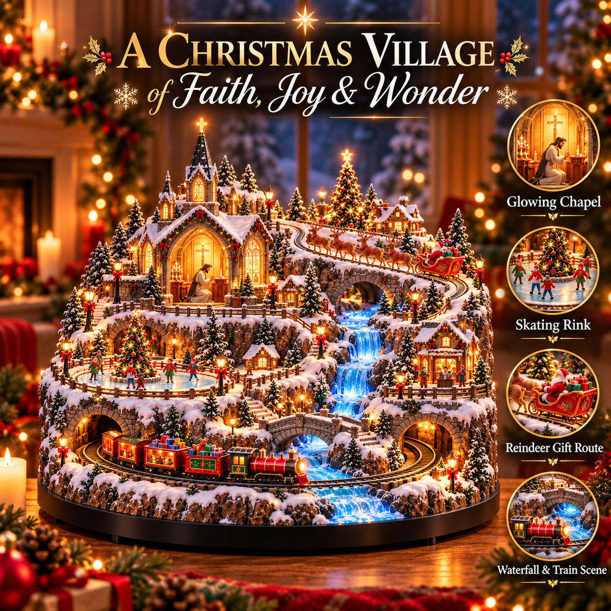 Lighted Animated Christmas Village with Train, Reindeer Sleigh & Waterfall ✨
