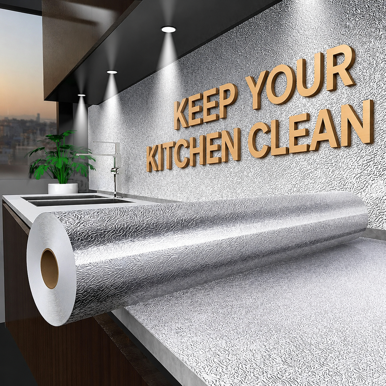 🔥50% OFF – Stainless Steel Oil-Proof Adhesive Wallpaper Roll for Kitchen Countertops, Cabinets & Backsplash