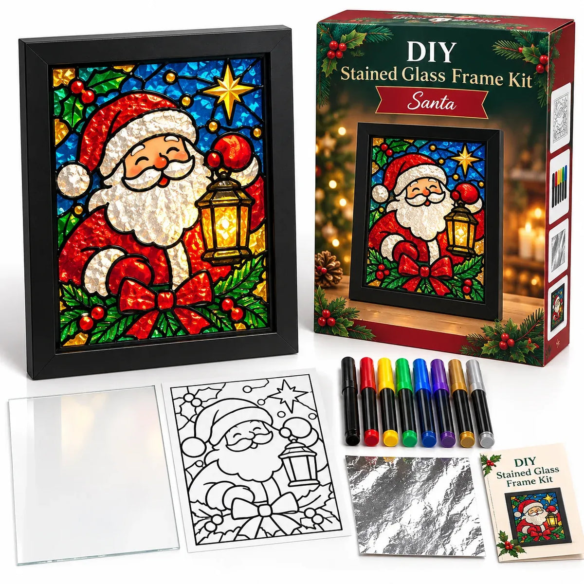 ⏳ Last Day 49% OFF – 🎄Beginner-Friendly Christmas Stained Glass-Style Frame Kit | 8 Festive Designs with Pens, Foil & Frame ✨
