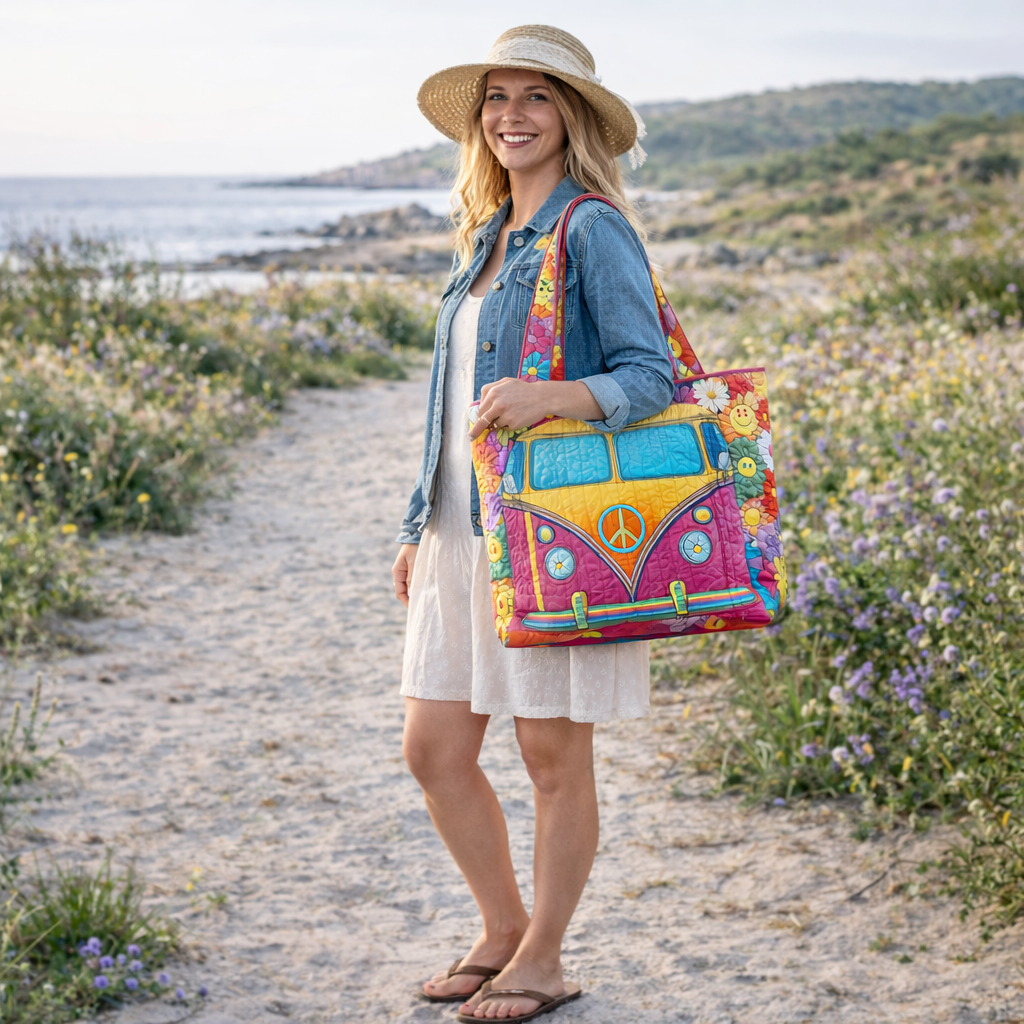 Retro Hippie Van Quilted Tote – Boho Style Meets Everyday Function 🌈🌸