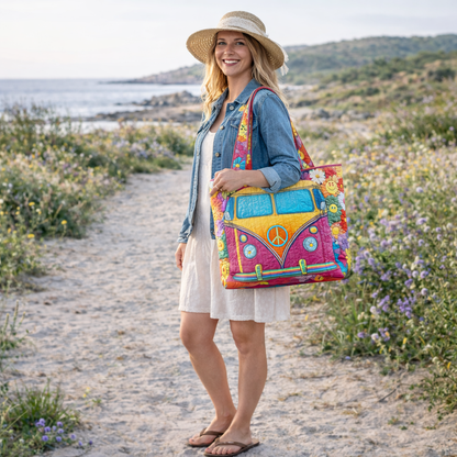 Retro Hippie Van Quilted Tote – Boho Style Meets Everyday Function 🌈🌸