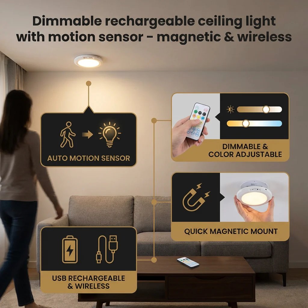 💡Rechargeable Magnetic Wireless Motion Sensor Ceiling Light with Remote