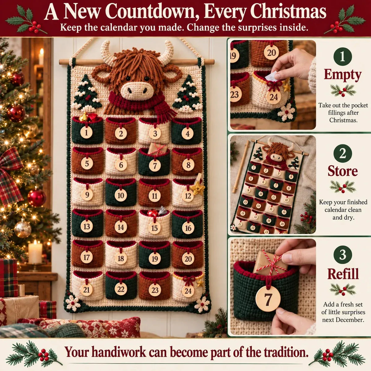 🧶 DIY Crochet Advent Calendar Kit | 24 Refillable Pockets, 4 Christmas Characters & Complete Crochet Materials 🎄