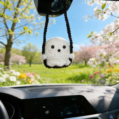 Handmade Crochet Ghost & Pumpkin Rear View Mirror Hanging Car Charm