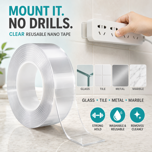 2-Pack Heavy Duty Nano Double-Sided Mounting Tape | Clear Removable Adhesive Tape, 9.85 ft (3 m) for Picture Hanging & Home Décor
