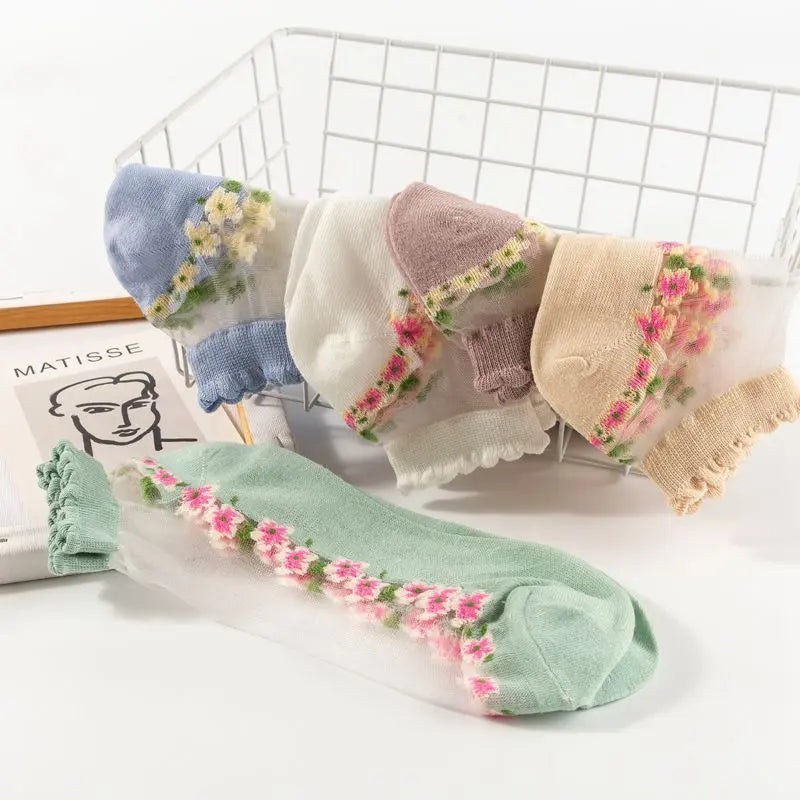 7 Pairs Womens Sheer Floral Mesh Ankle Socks – Thin Transparent Ruffle Socks for Summer, Breathable Lace Sock Set for Women & Girls