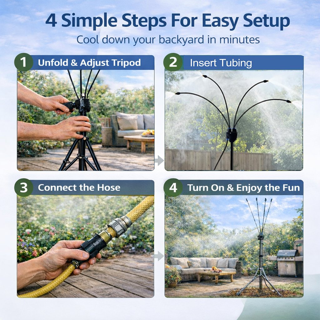 🌡 Portable Misting System: Drop your patio temperature by 20°F instantly without using a single watt of electricity. 🌬️