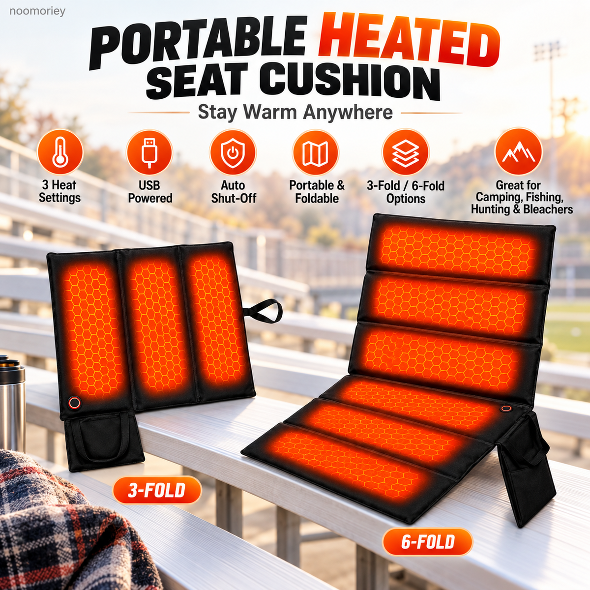 🔥 Portable Foldable Heated Seat Cushion – USB-Powered with 3 Heat Settings