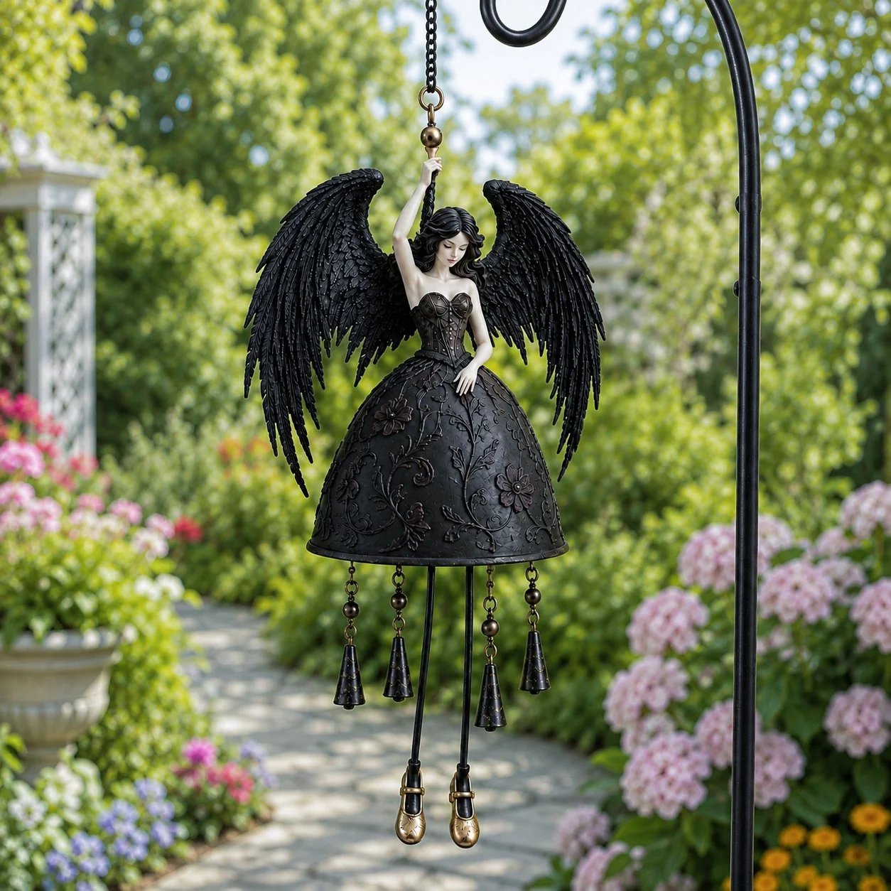 🖤 Dark Angel Gothic Wind Chime | Dramatic Black-Wing Garden Accent with Gentle Chimes for Porches, Patios, Balconies & Year-Round Gothic Décor 🪽