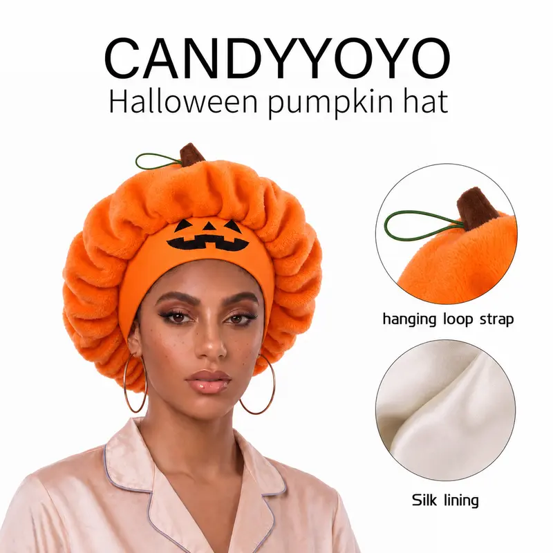 Pumpkin Sleep Cap Halloween Plush Hair Bonnet Elastic Jack O Lantern Sleep Cap Fluffy Head Wrap for Skincare Makeup Night Sleep Holiday Party Wear Band Sleep Cap Silk
