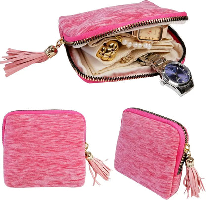 Travel Jewelry Bag Portable Organizer with 5 Compartments Velvet Satin Lining Tassel Zipper