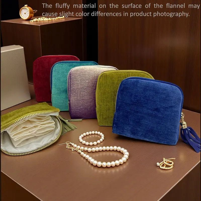 Travel Jewelry Bag Portable Organizer with 5 Compartments Velvet Satin Lining Tassel Zipper