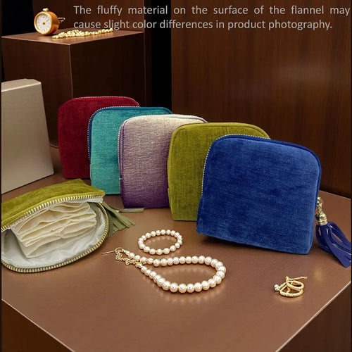 Travel Jewelry Bag Portable Organizer with 5 Compartments Velvet Satin Lining Tassel Zipper