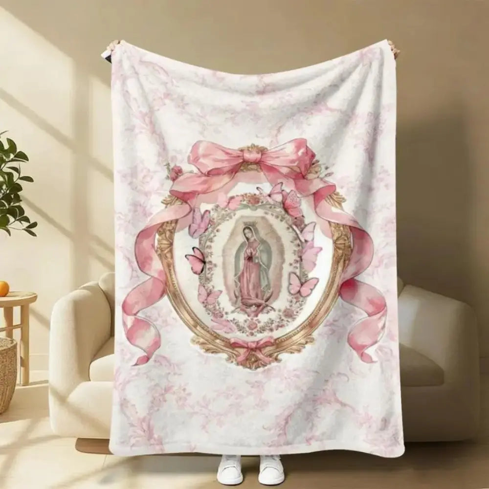 Our Lady of Guadalupe Coquette Pink Bow Fleece Blanket, Soft Christian Religious Throw Blanket, Lightweight Warm Blanket for Bed Couch