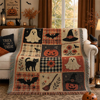 Halloween Ghost & Pumpkin Fleece Blanket – Cozy Soft Throw Blanket for Home, Sofa & Bed