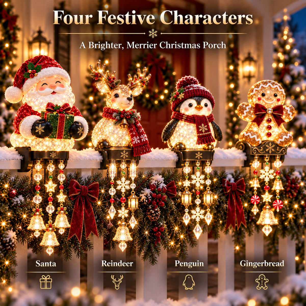 💯🎄 Christmas Porch Railing Lights – 4 Festive Character Designs