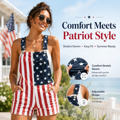 🇺🇸Men's and Women's American Flag Denim Overalls Stretch Shorts, Patriotic
