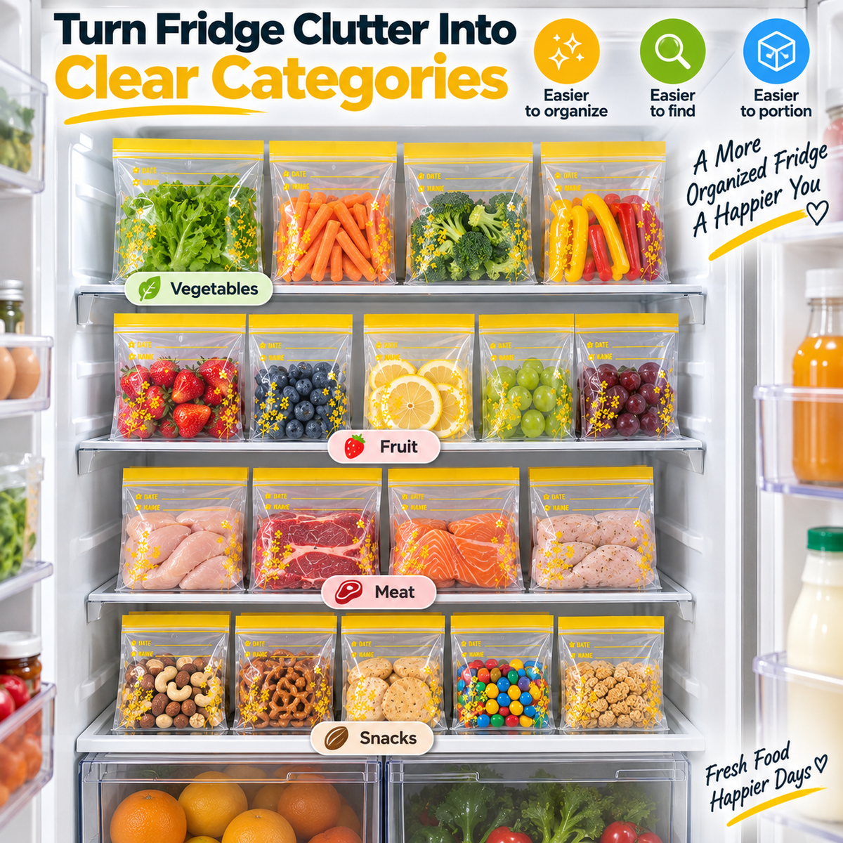 🥕 15-Pack Double-Seal Food Storage Bags – Clear Reusable Pouches for Fridge Organization & Meal Prep