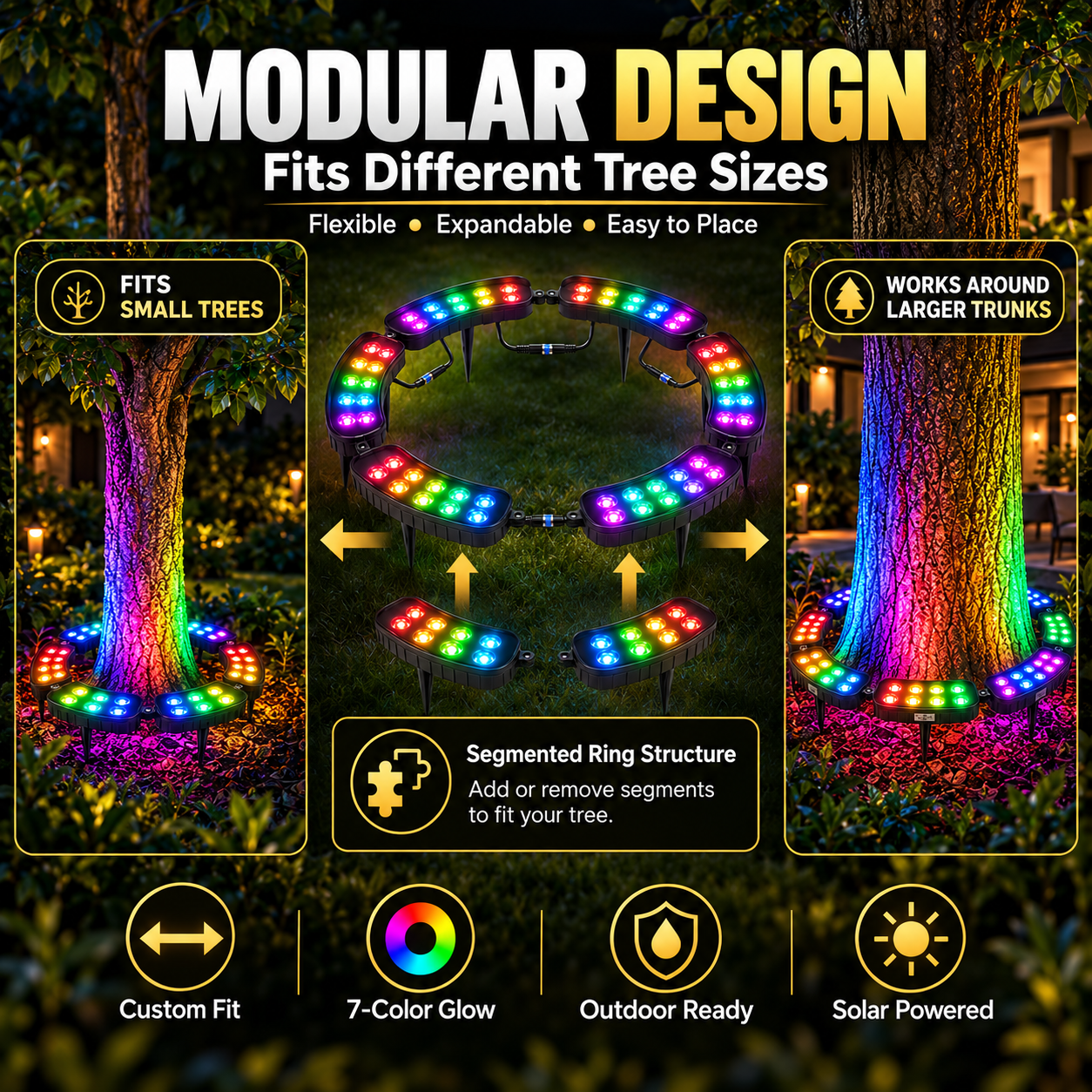 Modular landscape lighting arranged around tree trunks of different widths