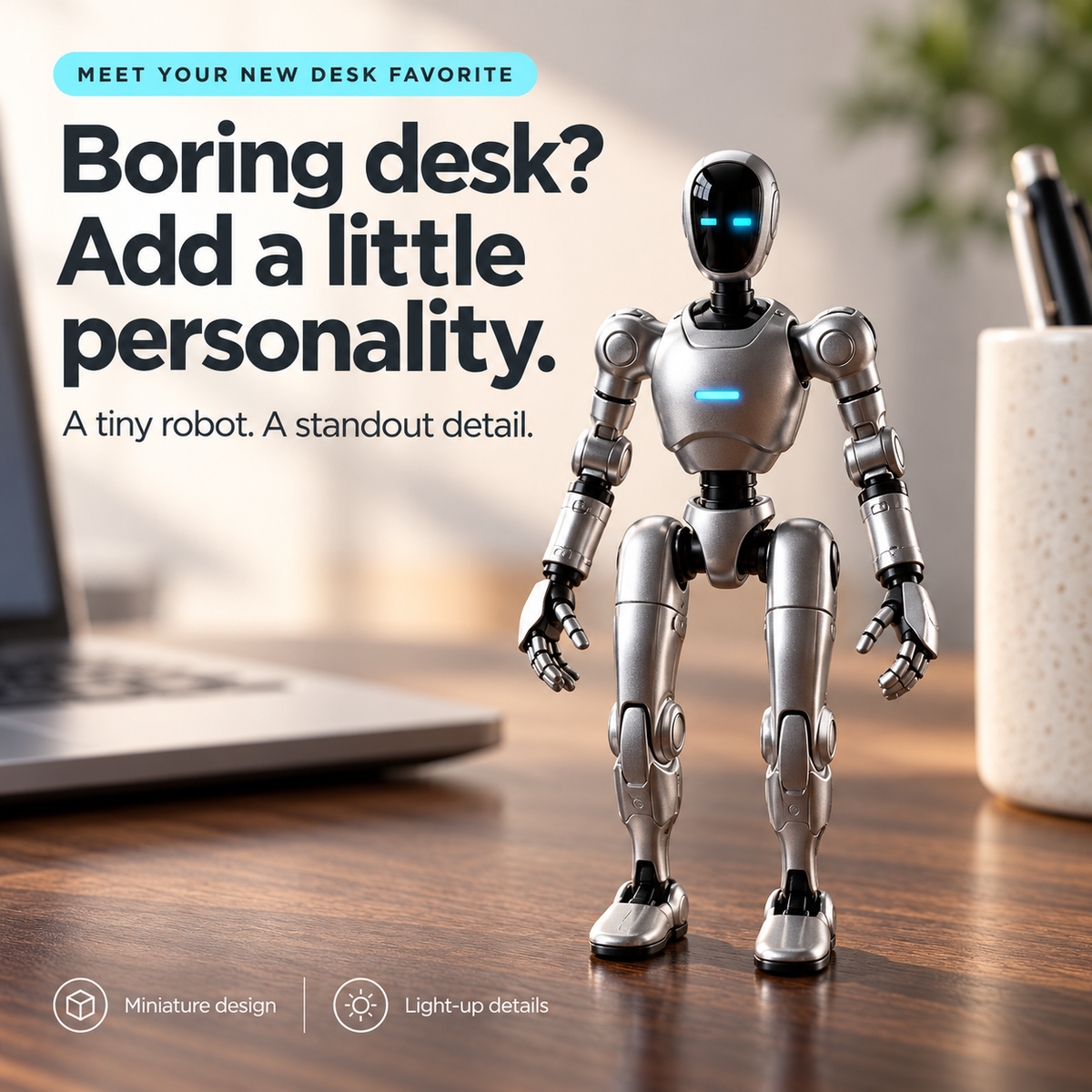 🤖✨ Mini Silver Robot Figure – Poseable Sci-Fi Collectible with Glowing Blue LED Eyes & Chest Light | Futuristic Desk Decor & Gift 🎁