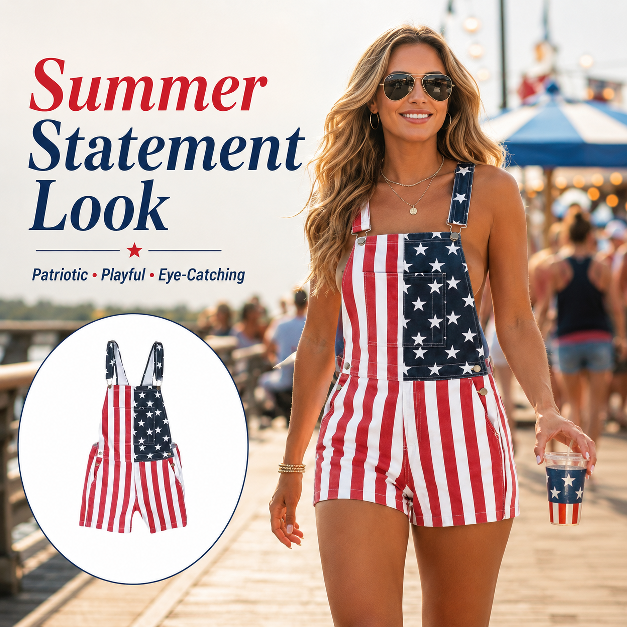 🇺🇸Men's and Women's American Flag Denim Overalls Stretch Shorts, Patriotic