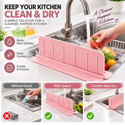 Sink Splash Guard in Kitchen with Drain Storage Compartment, Suction Cup Plastic Sink Water Shield Panel, L-Shape Water Splash Dam Stop Water Guard for Wash Basin Dining Room Dish Washing