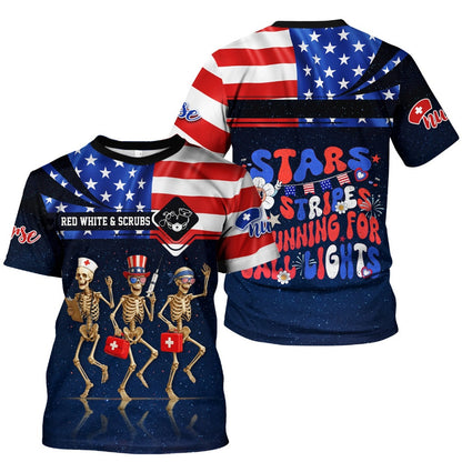 Funny Nurse Skeleton 4th of July Shirt – Patriotic Scrub Life Tee for RN CNA LPN