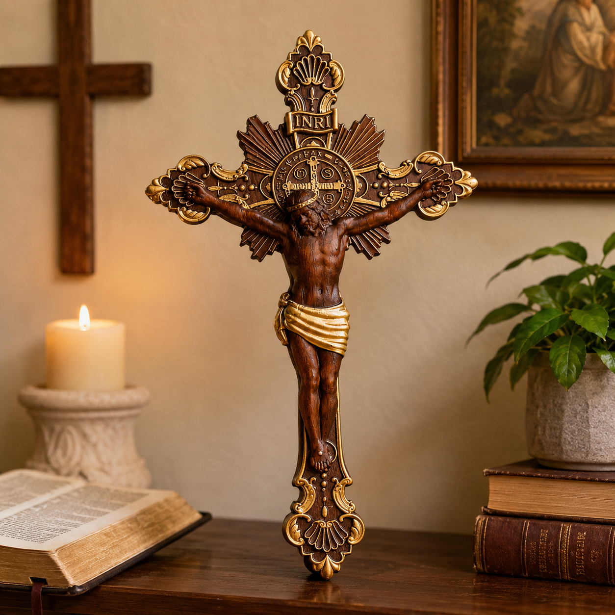 St. Benedict Exorcism Cross wood carved - Bless you and your family - faith-inspired design detail