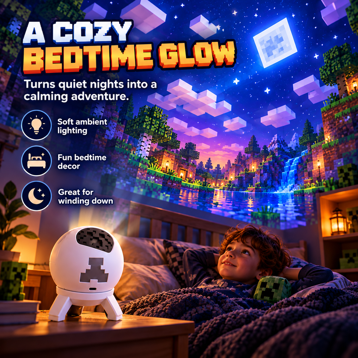 🎮 Pixel Block World Room Projector – USB-Powered Bedroom & Gaming Atmosphere Light