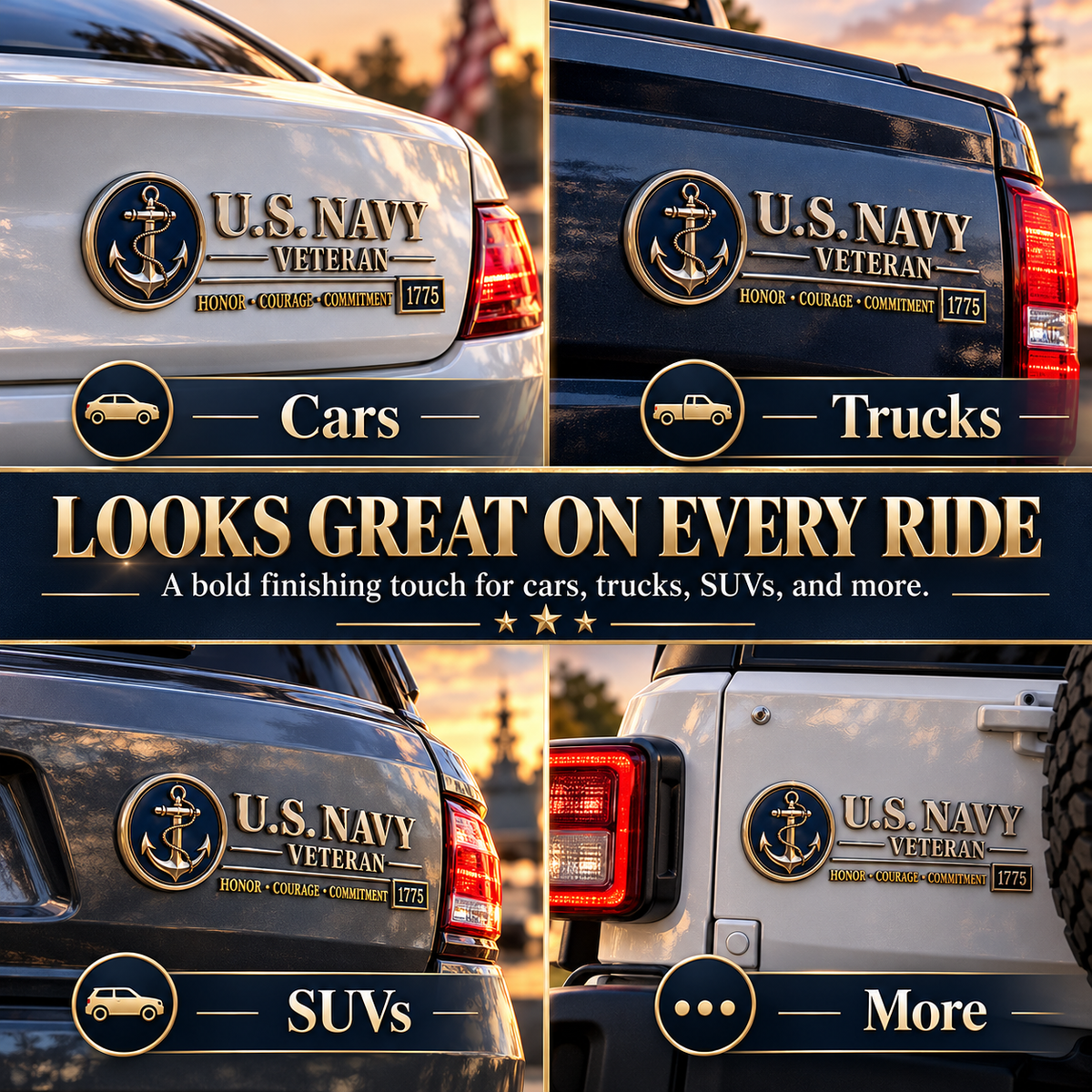 U.S. Navy Veteran Metal Car Emblem – 3D Adhesive Badge, No-Drill Military-Inspired Car & Truck Decoration