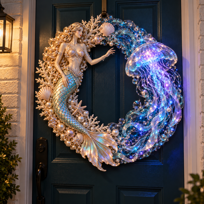 🧜‍♀️🌊 Mermaid Moonlight Wreath | Glowing Jellyfish & Ocean Decor ✨
