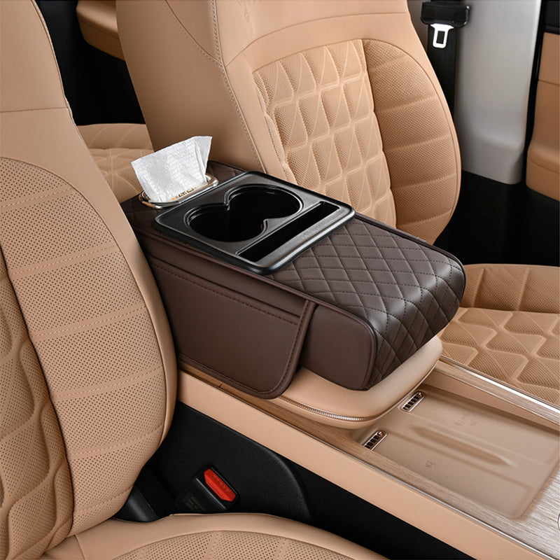 🚗 Car Console Organizer – PU Leather Armrest, Side Storage, Cup Holder