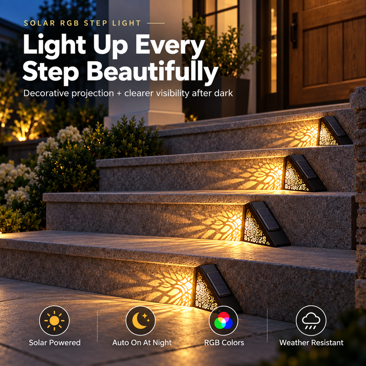 Solar outdoor step lights, IP65 waterproof LED deck/stair lights, color-changing gradient lighting, automatic dusk-to-dawn warm white light, solar-powered.