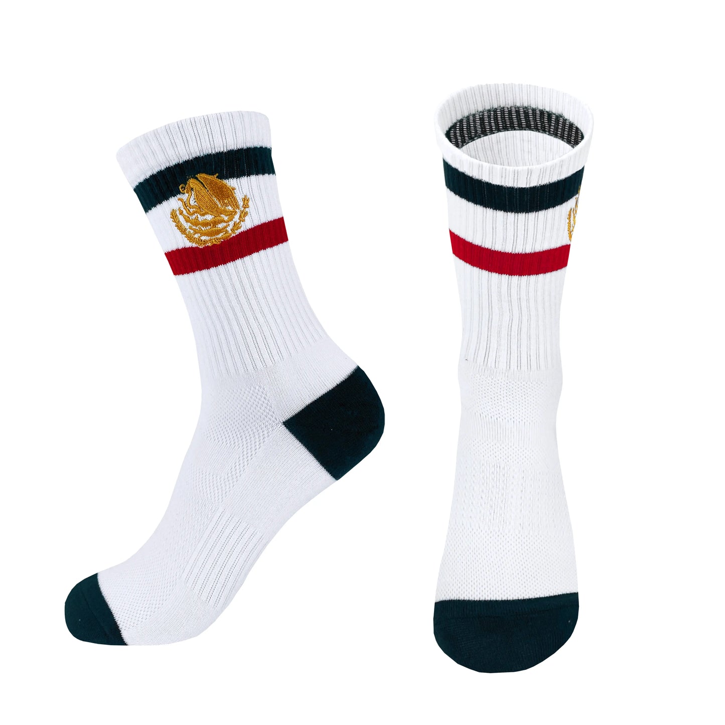 2 Pairs Retro Mexican Pride Crew Socks - Gold Embroidered Striped Streetwear Socks