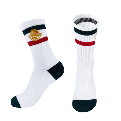 2 Pairs Retro Mexican Pride Crew Socks - Gold Embroidered Striped Streetwear Socks