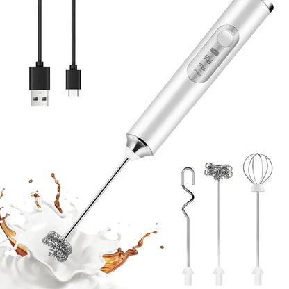 Rechargeable Milk Frother Handheld with 3 Heads 3 Speeds