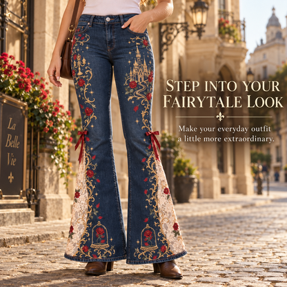 🌹👖 Enchanted Rose – High-Waisted Lace Panel Flare Jeans