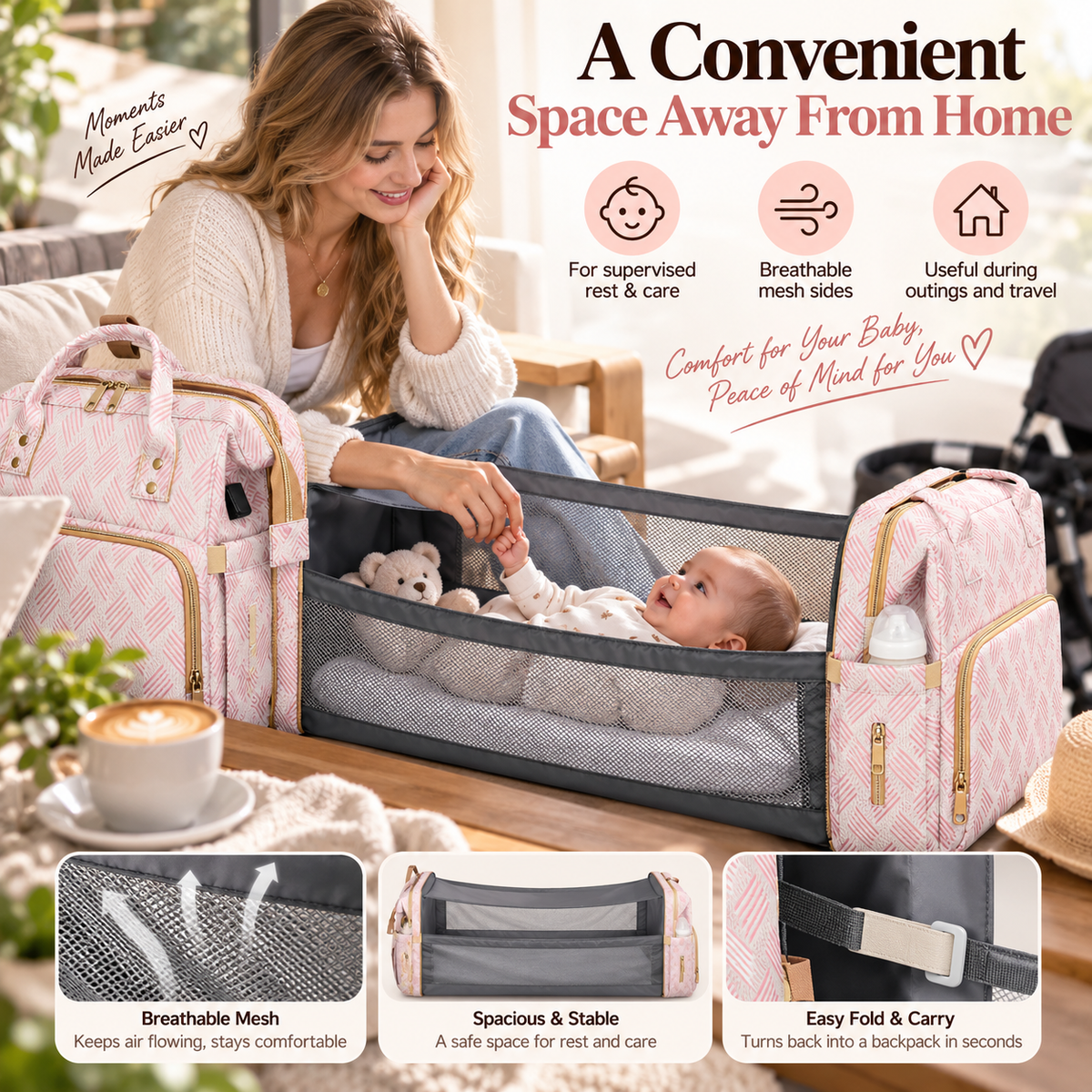👶2-in-1 Baby Diaper Bag Backpack – Fold-Out Care Space & Large Storage