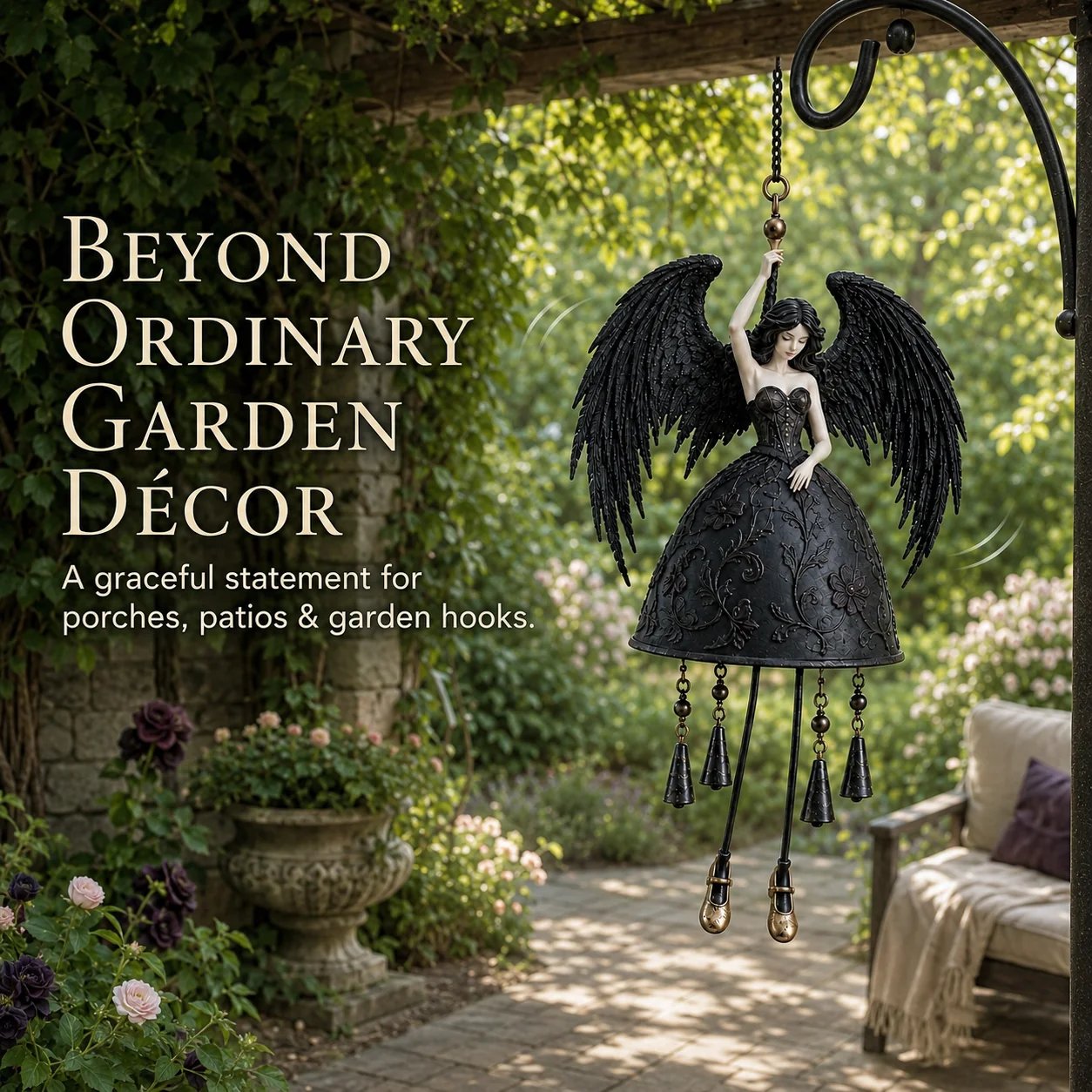 🖤 Dark Angel Gothic Wind Chime | Dramatic Black-Wing Garden Accent with Gentle Chimes for Porches, Patios, Balconies & Year-Round Gothic Décor 🪽