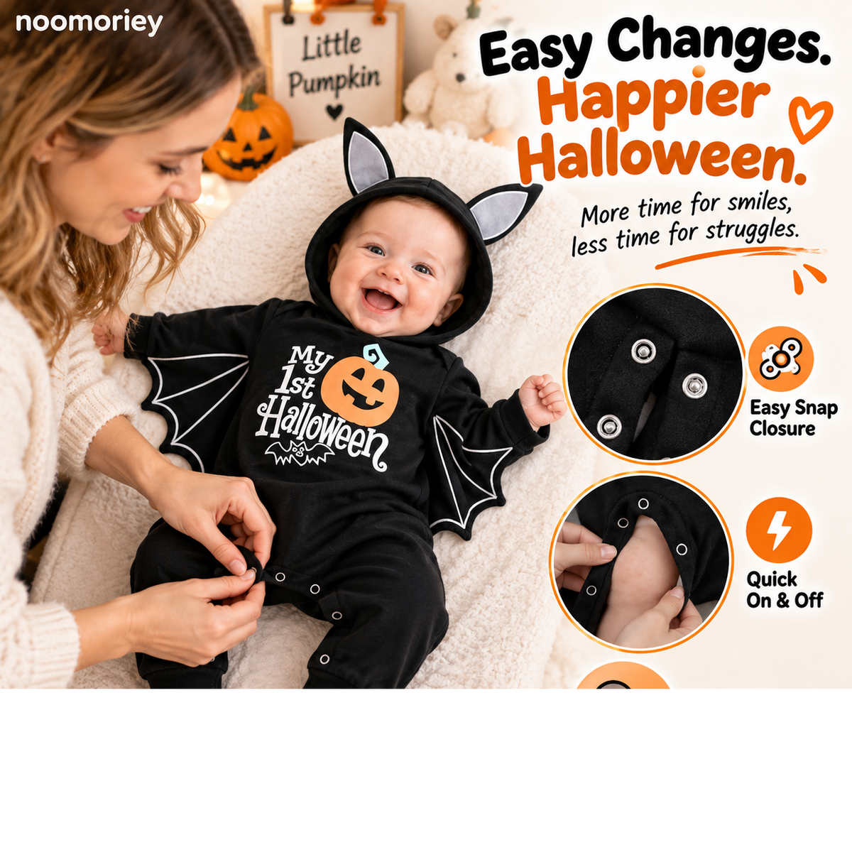 🎃 Baby’s First Halloween Bat Romper – Cute Winged Hooded One-Piece Costume