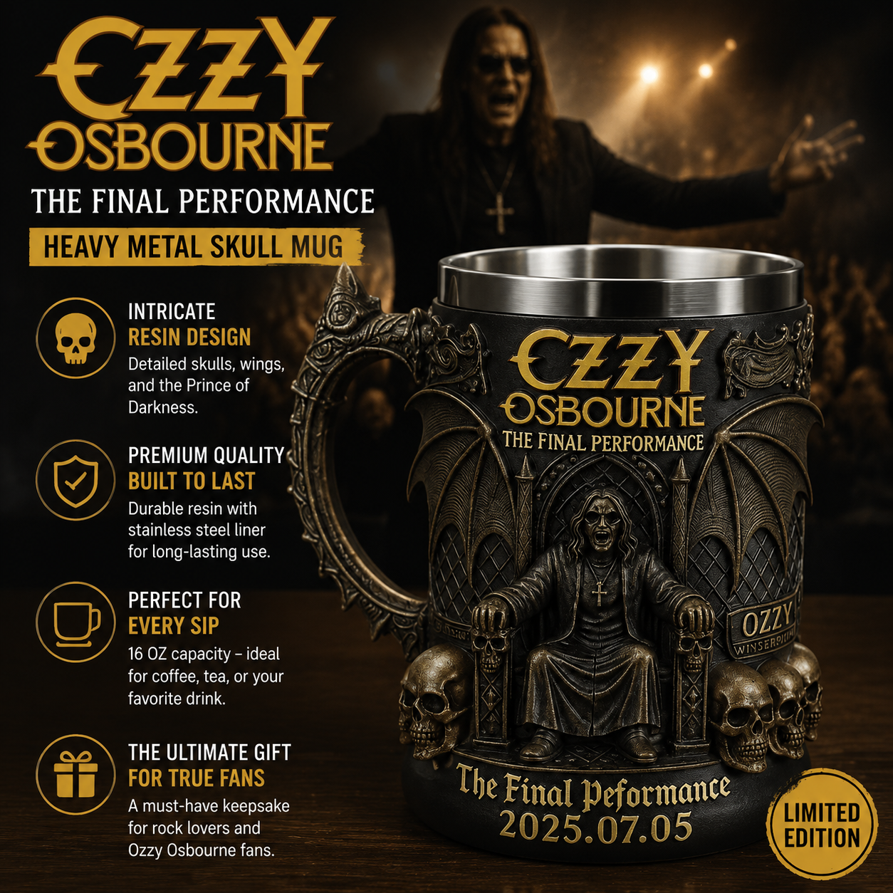 ozy osborne Heavy Metal Skull Mug Made Of Resin Gift For Dad