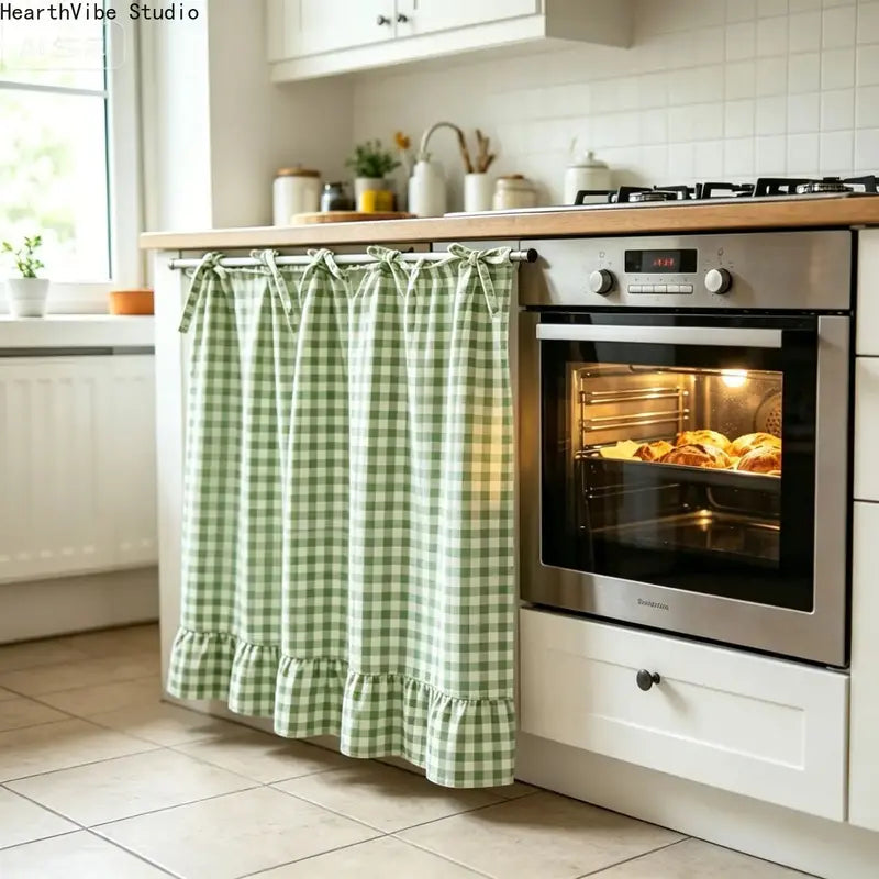 2026 Farmhouse-Style Stove Curtain, Gingham Grid Ruffle-Edge Tier Curtains