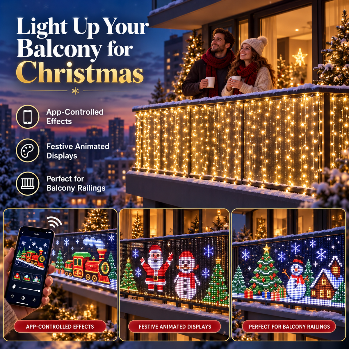 🎉 RGB Pixel Smart Curtain Lights | App Controlled Animated Holiday Lights for Window & Balcony, 2m×1.5m